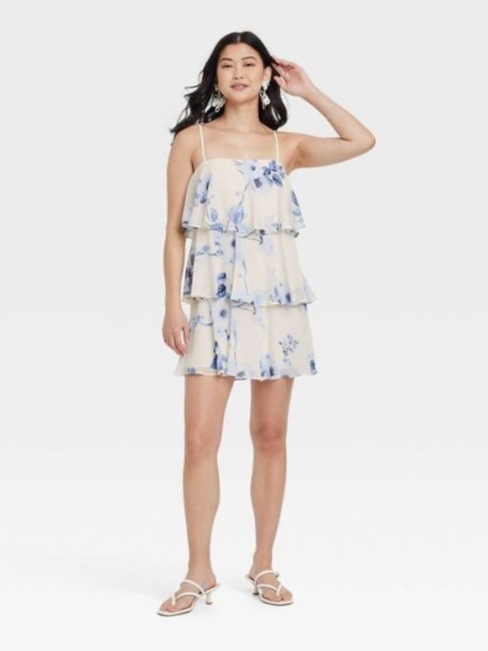 NWT A New Day Blue Floral Tiered Ruffle Mini Dress Size S